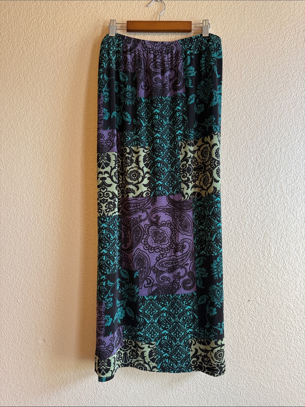 Boho Patchwork Maxi Skirt in Teal, Purple, and Cream